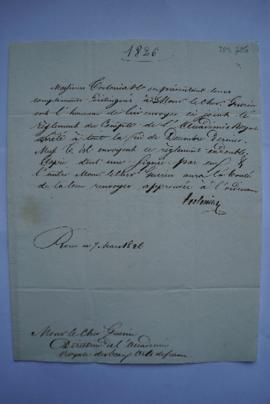 lettre accompagnant l’envoi du règlement des comptes de l’Académie arrêté en décembre 1825, de To...