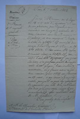 lettre concernant la dette de l'École de Rome, du ministre de l’Intérieur, Corbère, à Pierre-Narc...