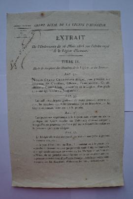 extrait de l’Ordonnance du 26 Mars 1816 sur l’Ordre royal de la Légion d’honneur de Louis XVIII, ...