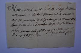 quittance pour le sucre fourni à l’Académie durant l’année 1839, de Gioachino Costa, pour Giovann...