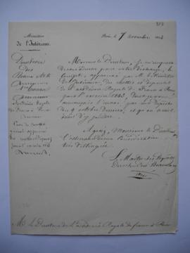 lettre portant l’approbation du compte général des recettes et dépenses pour l’exercice 1843, de ...