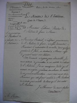 lettre autorisant Ruxtiel à s’absenter de l’Académie pour se rendre à Florence, du ministre de l’...