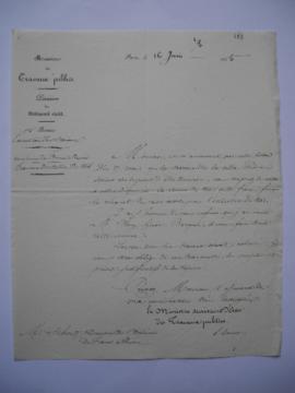 lettre relative aux travaux d’entretien de 1845, de Dumon, ministre des Travaux publics à Jean-Vi...