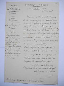 lettre informant d’ouverture d’un crédit provisoire de 25 000 fr, de Léon de Malleville, ministre...