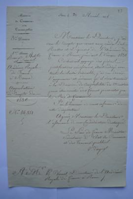 lettre approbation du compte de 1830, du ministre du Commerce et des Travaux publics, le comte d’...