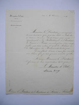 lettre informant du don par arrêté du 31 janvier 1856 d’un ouvrage publié d’après les archives de...