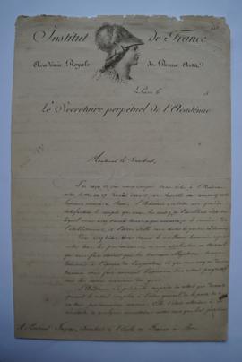lettre du secrétaire perpétuel de l’Académie des beaux-arts Quatremère de Quincy à Ingres, fol. 1...
