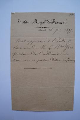 lettre informant de la mort de M. Le Baron Gros, président de l’Académie, à Ingres, fol. 126-127