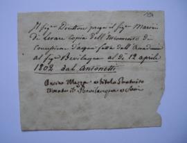 note demandant d’enlever l’instrument de connexion d’eau fait pour la Bevilaqua le 12 avril 1802 ...