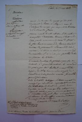lettre explications au sujet d’ouvrages demandés pour la bibliothèque, du ministre Laîné à Charle...