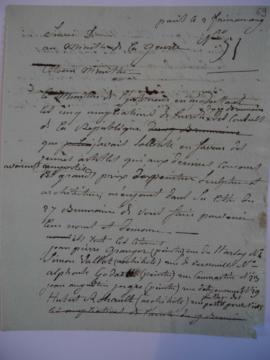 Brouillon de lettre informant de 5 ampliations de l’arrêté des Consuls de la République en faveur...