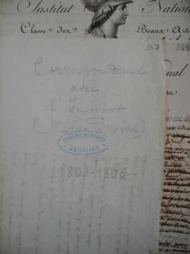 « Correspondance avec l’Institut CM. Le Breton 1803-1806 à communiquer à M. Suvée », note servant...