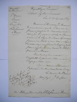 lettre informant de l’autorisation pour le payement de 25 000 fr, de Dufaure, ministre de l’Intér...