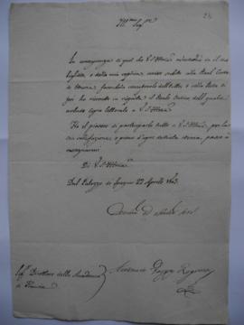 Lettre accompagnant une copie de réponse de l’Ordre Royal d'Etrurie, fol. 23-24