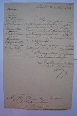 lettre informant de l’approbation du Compte de 1822, du ministre de l’Intérieur à Charles Théveni...