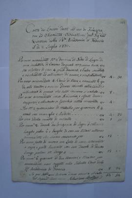 compte et quittance pour les travaux du 2 juillet 1820, du maîtremenuisier Sebastiano Baldi à Cha...