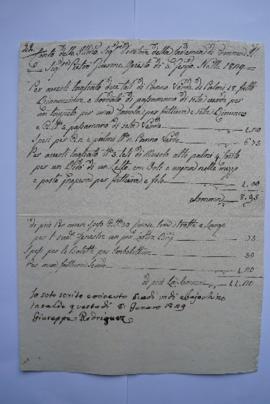 cahier de comptes et quittance pour les travaux faits le 5 janvier 1830, de Giuseppe Rodriguez, t...