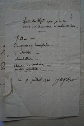 « Liste des objets que je laisse dans ma chambre à Villa Medici » et « Liste des objets que je po...