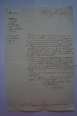 lettre encouragement accordé à Dupré, pensionnaire peintre, du ministre Laîné à Charles Thévenin,...