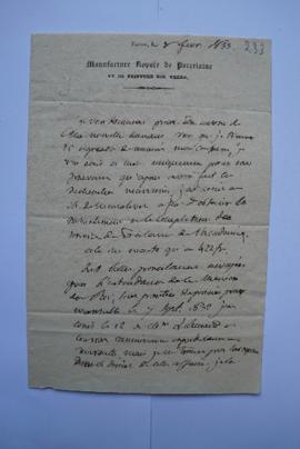lettre de la Manufacture de Sèvres, du directeur, Alexandre Brongniart, à Horace Vernet, fol. 233...