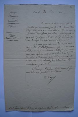 lettre accordant au directeur le congé d’un mois pour se rendre à Paris, du ministre du Commerce ...