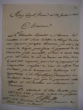 Lettre concernant le payement de la convention entre l’Académie et la Cour de Naples, du chevalie...