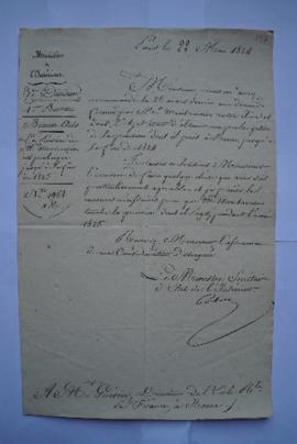 lettre dans laquelle la pension de M. Montvoisin est prolongée jusqu’à la fin de 1825, du ministr...