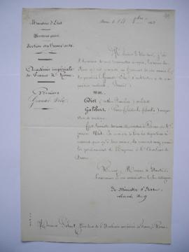 lettre informant des noms des premiers Grands-Prix d’architecture et de composition musical de MM...