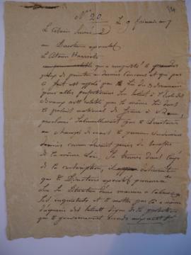 Brouillon de lettre demandant la dispense de service militaire au peintre Jean Fulchran Harriet, ...