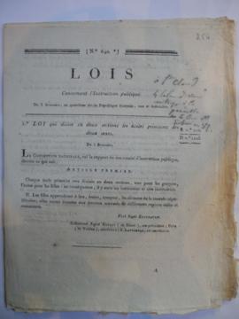 Texte de la loi concernant l’instruction publique (imprimé, imprimerie du Dépôt des Lois), fol. 2...