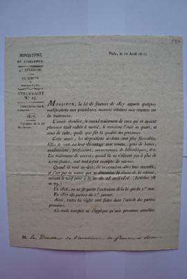 circulaire du ministre Secrétaire d’état de l’intérieur du 10 avril 1817, du ministre Laîné à Cha...