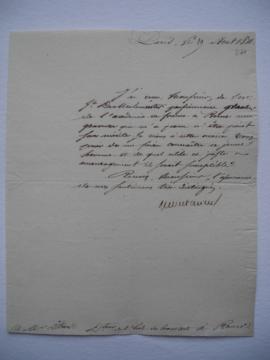lettre servant de sous-pochette, informant de la réception d’une gravure de Meulemeester, et dema...