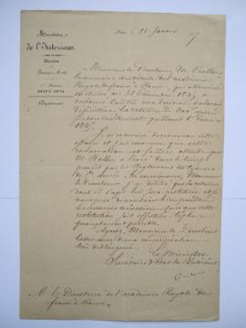 lettre attribuant à l’ancien pensionnaire Ballu la retenue de 1845, à la suite de sa réclamation ...