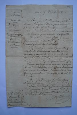 lettre autorisant de payer M. Schopin, peintre, la pension durant son séjour à Paris pour visiter...