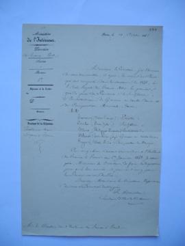 lettre transmettant les noms des élèves ayant remporté en 1842 les premiers grands prix de Peintu...