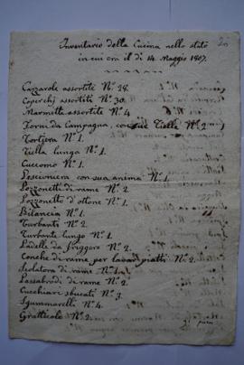 « Inventario della Cucina nello stato in cui era il di 14. Maggio 1807. » de Reccagni, cuisinier,...