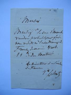 lettre informant de la visite du duc d’Aumale à l’Académie, de Jean-Victor Schnetz à l’architecte...