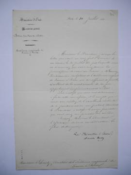 lettre autorisant le congé provisoire en France au sculpteur Gumery, de F. Mercey, directeur des ...