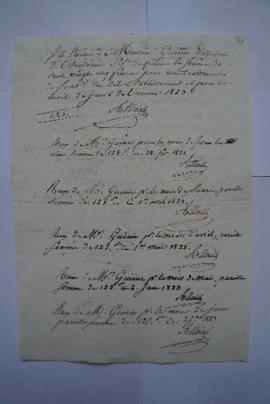 quittances d’Allais pour le traitement mensuel du secrétaire général de janvier au décembre 1823,...