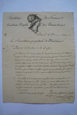 lettre d’envoi du rapport général sur les travaux des pensionnaires pendant l’année 1835, du secr...
