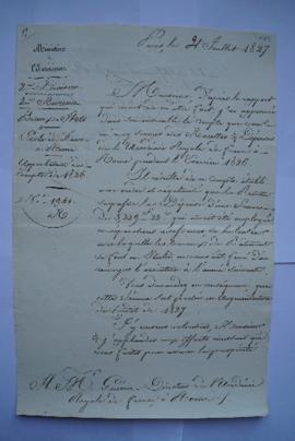 lettre approbation des comptes de 1826, du ministre de l’Intérieur à Pierre-Narcisse Guérin, fol....