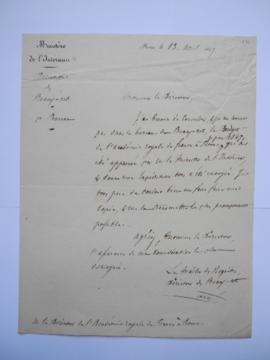 lettre demandant la consultation du budget de 1847, du maître des requêtes Cavé, directeur des Be...