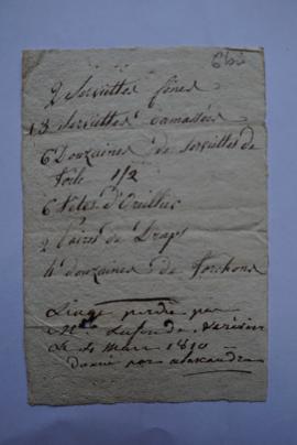« Linge perdu par Mlle Lufonde (illisible) Le 4 mars 1810 donné par Alexandra », fol. 6bis