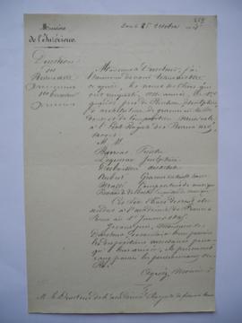 1844, 25 octobre : lettre transmettant les noms des élèves ayant remporté les Premiers Grands Pri...
