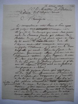 lettre informant de l’interruption temporaire de correspondance entre Rome et Paris et demandant ...