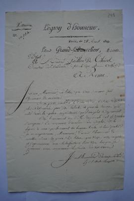 lettre concernant les voeux du directeur de la Légion d’honneur à Lacépède, grand chancelier à Le...