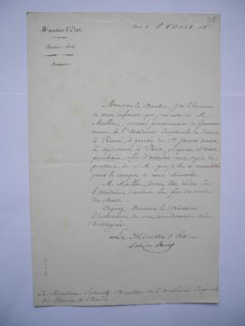 lettre informant de l’autorisation pour le peintre Théodore Pierre Nicolas de séjourner à Paris a...