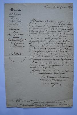 lettre informant de l’arrivé d’Horace Vernet à Rome le 17 janvier et de la bonne situation de l’é...