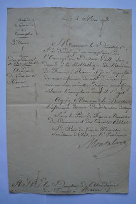lettre informant du don à la bibliothèque de l’Académie de l’ouvrage du docteur Gall, de Montaliv...