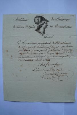 certificat du grand prix de Composition pour M. Barbereau, du secrétaire perpétuel de l’Académie ...